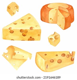 Watercolor illustration set of cheese on white background