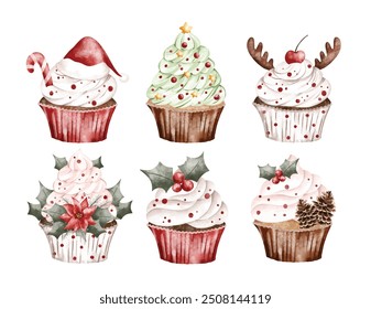 Watercolor Illustration Set of Christmas Cupcakes