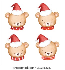 Watercolor Illustration set of Christmas cute teddy bear 