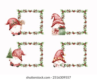 Watercolor Illustration Set of Christmas Frame and Gnomes