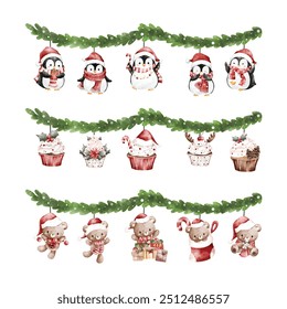 Watercolor Illustration Set of Christmas Garland