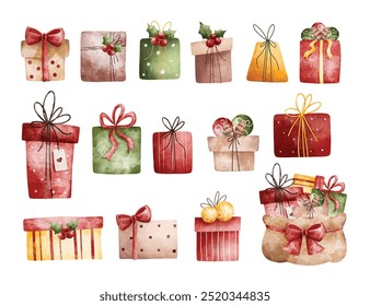 Conjunto de ilustración de acuarela de regalos de Navidad