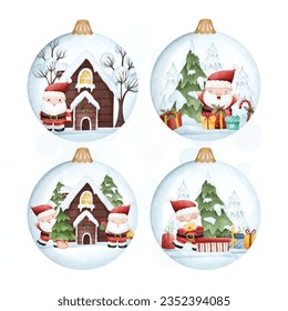 Watercolor illustration set of Christmas glass ball with santa claus