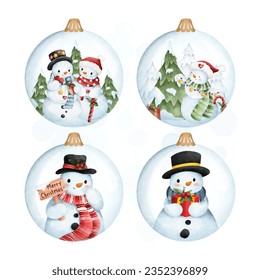 Watercolor illustration set of Christmas glass ball with snowman