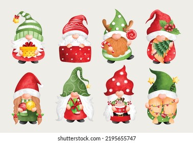 Watercolor illustration set of Christmas Gnomes 