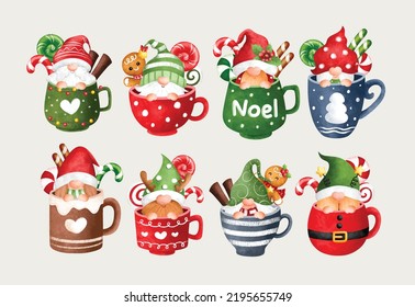 Watercolor illustration set of Christmas Gnomes in cup and Christmas candy 