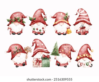 Watercolor Illustration Set of Christmas Gnomes