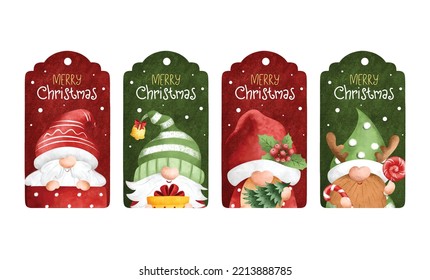 Watercolor Illustration set of Christmas hangtag with cute gnome