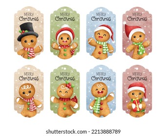 Watercolor Illustration set of Christmas hangtag with cute gingerbread illustration