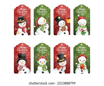 Watercolor Illustration set of Christmas hangtag with snowman