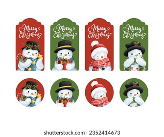 Watercolor illustration set of Christmas hangtag and sticker with snowman