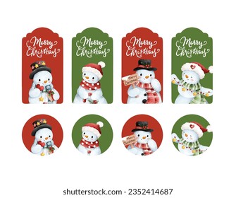 Watercolor illustration set of Christmas hangtag and sticker with snowman