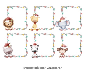 Watercolor Illustration set of Christmas light frame with baby animals