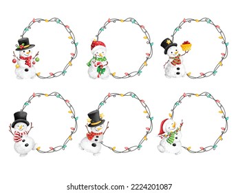 Aquarellfarben-Illustration Set mit Weihnachtslichtrahmen mit Snowman