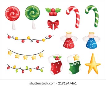 Watercolor Illustration set of Christmas ornaments