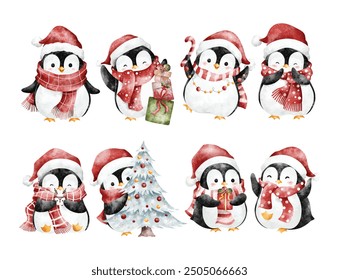 Watercolor Illustration Set of Christmas Penguins