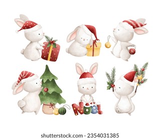 
Acuarela Ilustración conjunto de conejo de Navidad con ornamentos