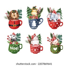 Watercolor Illustration set of Christmas Safari animals character in cup