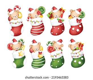 Watercolor Illustration set of Christmas socks with cute teddy bear candy and gift