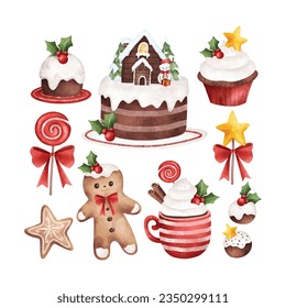 Watercolor illustration set of Christmas sweet dessert