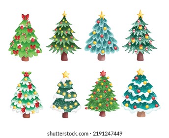 Watercolor Illustration set of Christmas tree with ornaments