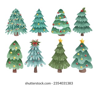 Watercolor Illustration set of Christmas tree with ornaments