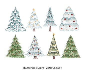 Watercolor Illustration Set of Christmas Tree