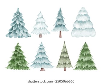 Watercolor Illustration Set of Christmas Tree