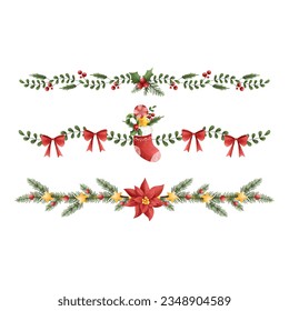 Watercolor illustration set of Christmas wreath and border decoration