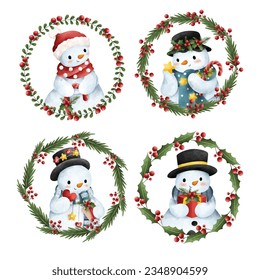 Watercolor illustration set of Christmas wreath with Snowman