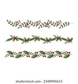 Watercolor illustration set of Christmas wreath and border decoration