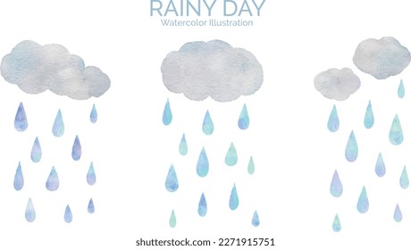 Watercolor illustration set of cloud and rain
