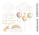 Watercolor Illustration set of cloud star balloon and rainbow