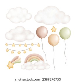 Watercolor Illustration set of cloud star balloon and rainbow