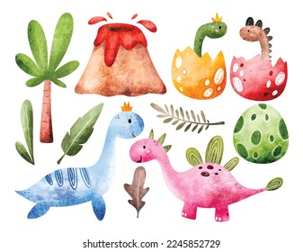 Watercolor illustration set of colorful dinosaurs