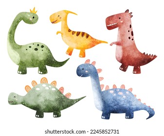 Watercolor illustration set of colorful dinosaurs