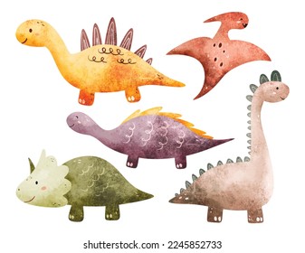 Watercolor illustration set of colorful dinosaurs