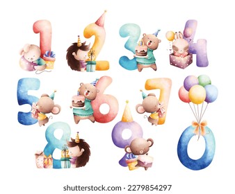 Watercolor illustration set of colorful number with cute animals