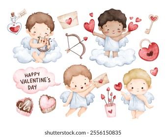 Watercolor Illustration Set of Cupid and Valentine Elements Clipart