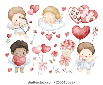 Watercolor Illustration Set of Cupid and Valentine Elements Clipart