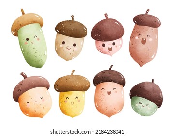 Watercolor illustration set of cute acorn character