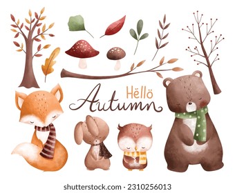 Watercolor Illustration set of cute animals, autumn tree and leaves with hello autumn word