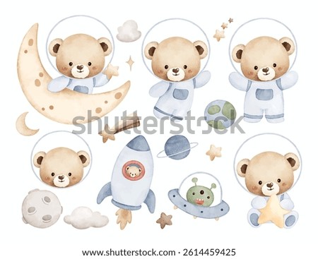 Watercolor Illustration Set of Cute Astronaut Bear and Space Elements
