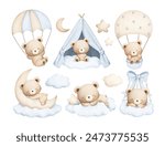 Watercolor Illustration Set of Cute Baby Teddy Bears