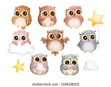 Watercolor Illustration set of Cute baby owl