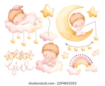 Watercolor illustration set of cute baby girl and nursery elements