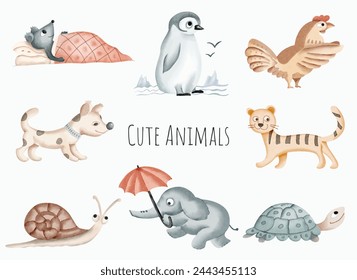 Conjunto de ilustración de acuarela de lindos animales bebés. Tortuga dibujada a mano, caracol, pingüino, ratón.