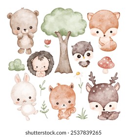 Watercolor Illustration Set of Cute Baby Woodland Animals Characters