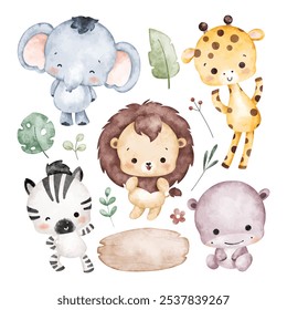 Watercolor Illustration Set of Cute Baby Safari Animals Characters