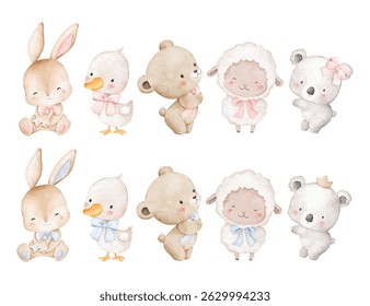 Conjunto de ilustração aquarela de bonitos bebês animais